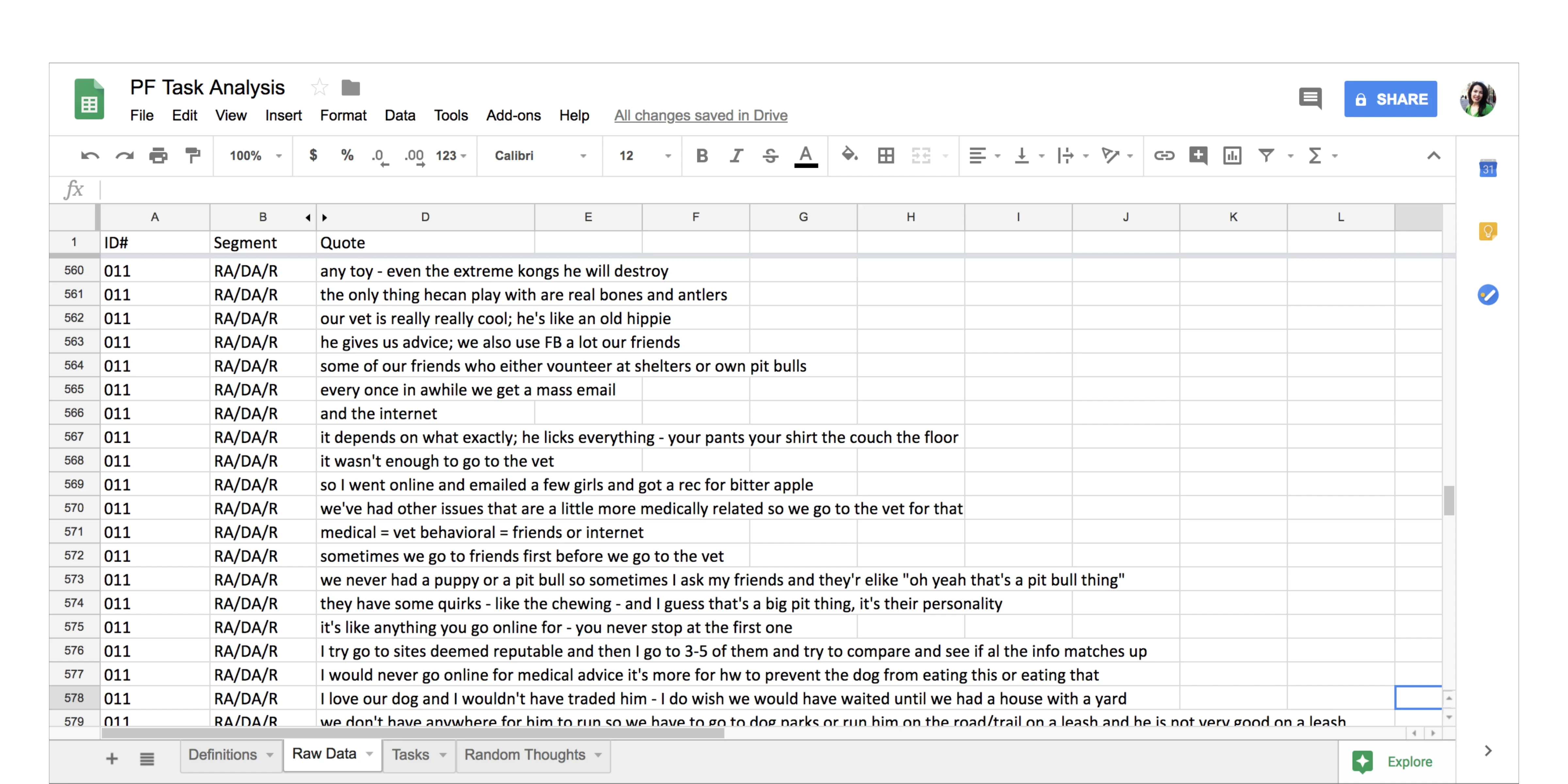 Screenshot of Google Sheet of raw data from interviews.