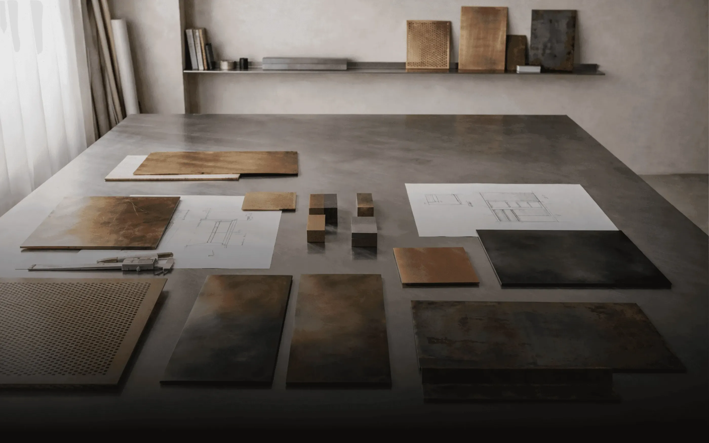Metal samples and design sketches on a table.