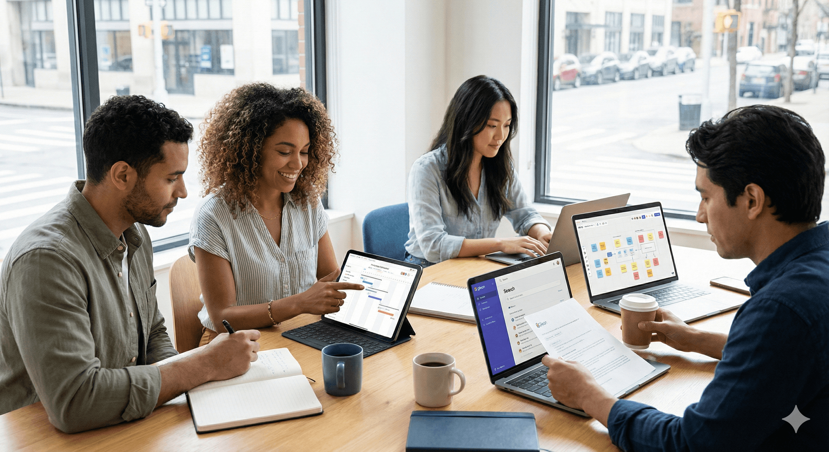 In a modern office setting, a diverse group of people are collaborating around a wooden table, using laptops and tablets to discuss data and projects, exemplifying effective AI team collaboration.