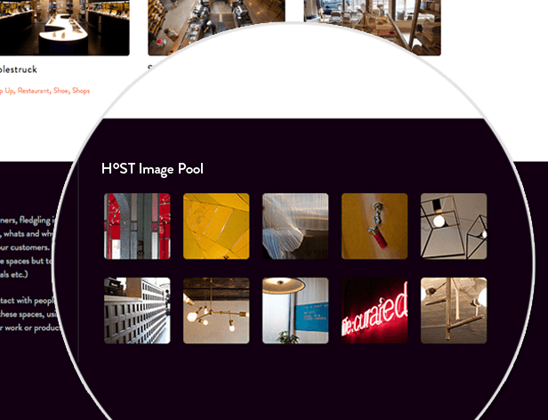 A circular magnifying glass highlights a section titled “H°ST Image Pool” containing 12 thumbnail images arranged in a 3x4 grid. The images depict various interior and architectural elements, including walls, lighting fixtures, furniture, and signage. The background is dark purple, and the text “H°ST” is prominently displayed above the pool title.