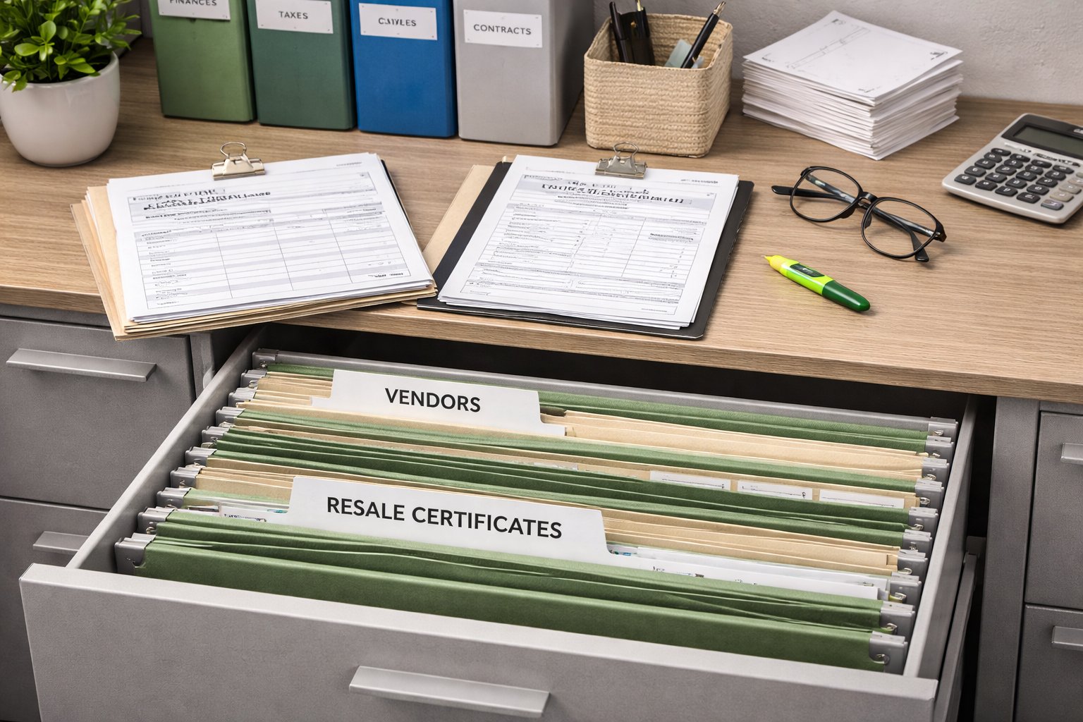 Filing system with labeled folders for vendors and resale certificates, illustrating organized long-term recordkeeping.