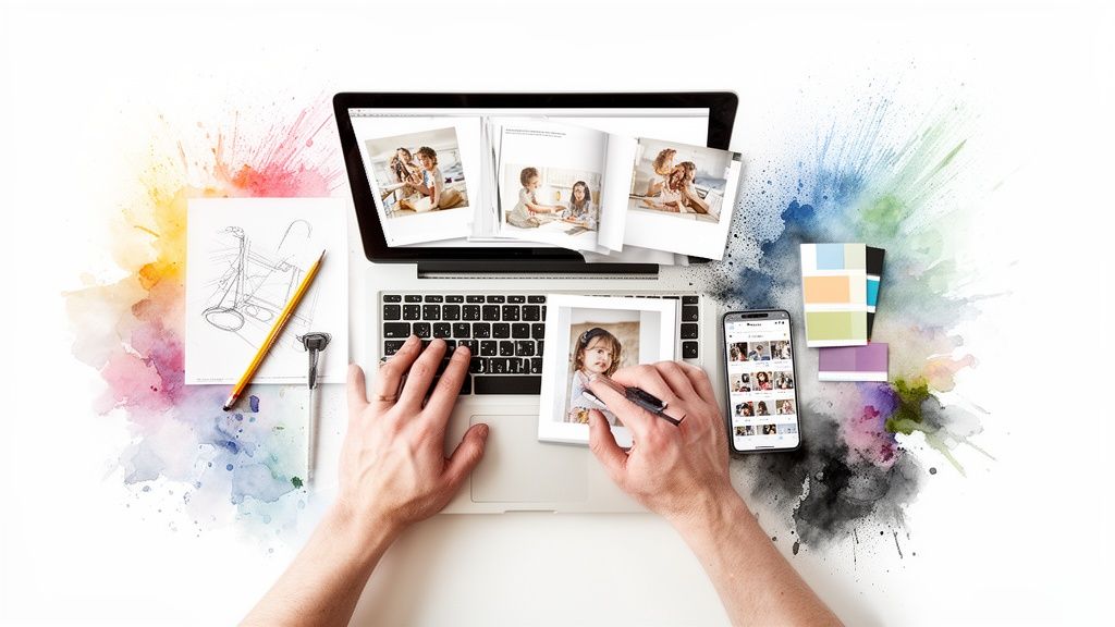 Overhead view of hands on a laptop, surrounded by family photos, a sketch, and colorful splashes.