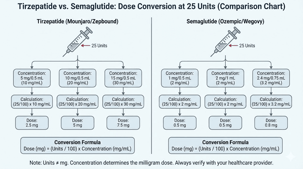 Tirzepatide versus semaglutide 25-unit dose comparison at common concentrations