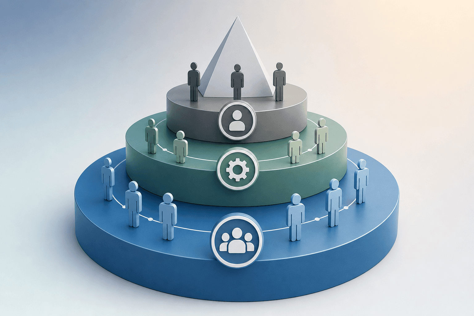A professional conceptual illustration showing three distinct tiers or layers representing organizational competencies. The bottom/widest layer represents core competencies shared by everyone, the middle layer shows functional/role-specific competencies, and the top layer depicts leadership competencies. Visualize this as a pyramid, stacked platforms, or concentric circles that clearly show the hierarchical relationship. Use a clean, modern business style with a professional color palette of blues, greens, and grays. Abstract and geometric design with clear visual separation between the three levels. No text or letters.