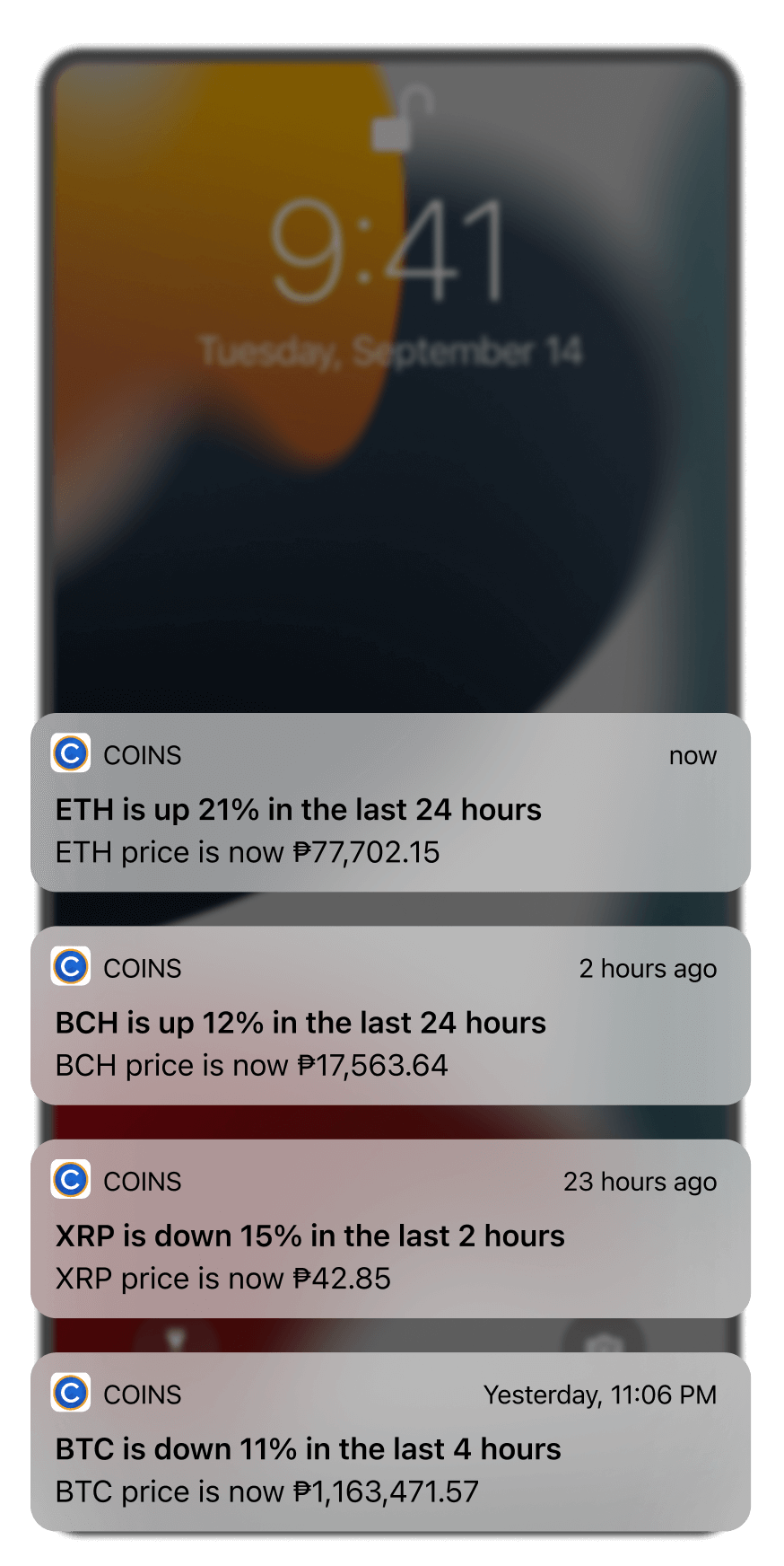 A mobile notification screen showing real-time price alerts for cryptocurrencies like Ethereum, Bitcoin Cash, and Ripple, indicating significant percentage changes in their values over different times.