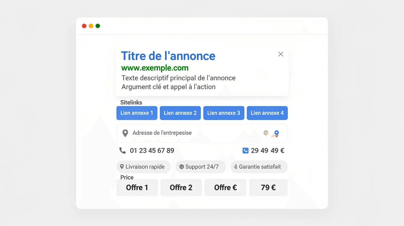 L'image illustre une annonce Google enrichie, mettant en avant plusieurs extensions qui améliorent sa visibilité et son efficacité. Cette configuration optimisée de la campagne Google Ads permet d'attirer davantage de clics et de conversions grâce à des éléments tels que des liens supplémentaires et des informations pertinentes sur les produits ou services proposés.