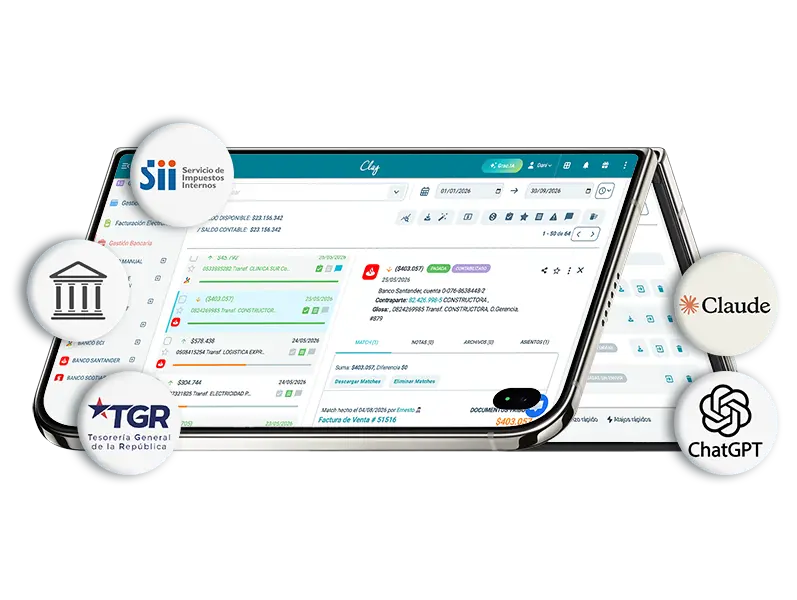 Software contable y financiero para empresas en Chile. Conecta bancos, TGR y Clay para automatizar tu contabilidad.