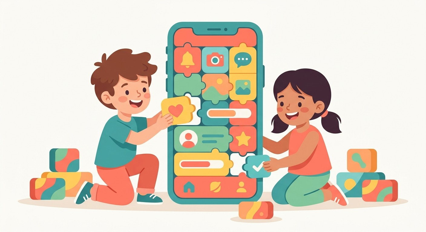 Flat illustration of kids building a mobile app from colorful blocks, showing app development for kids as creation not consumption