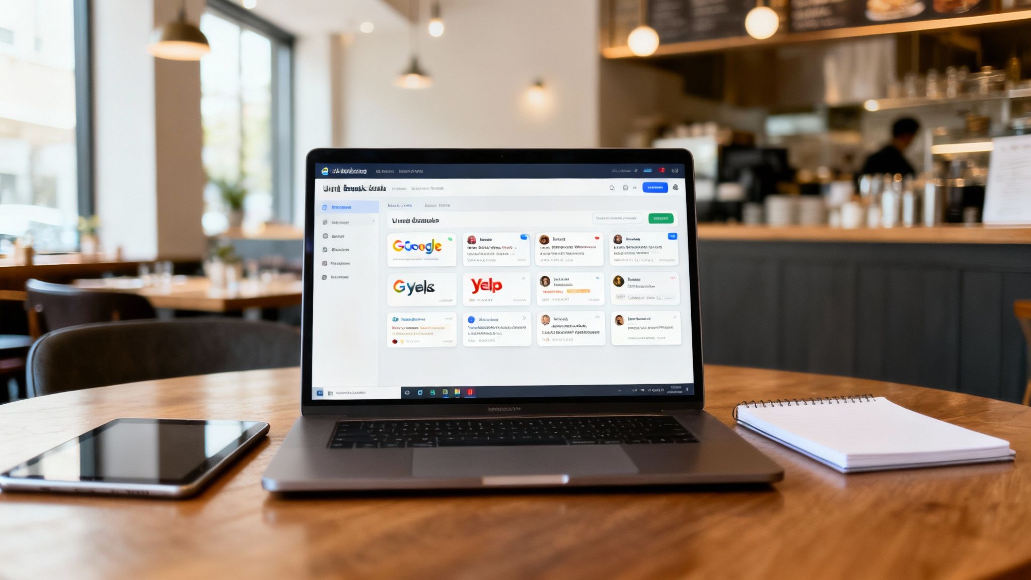 A laptop on a cafe table displays online reputation management software with Google and Yelp reviews.