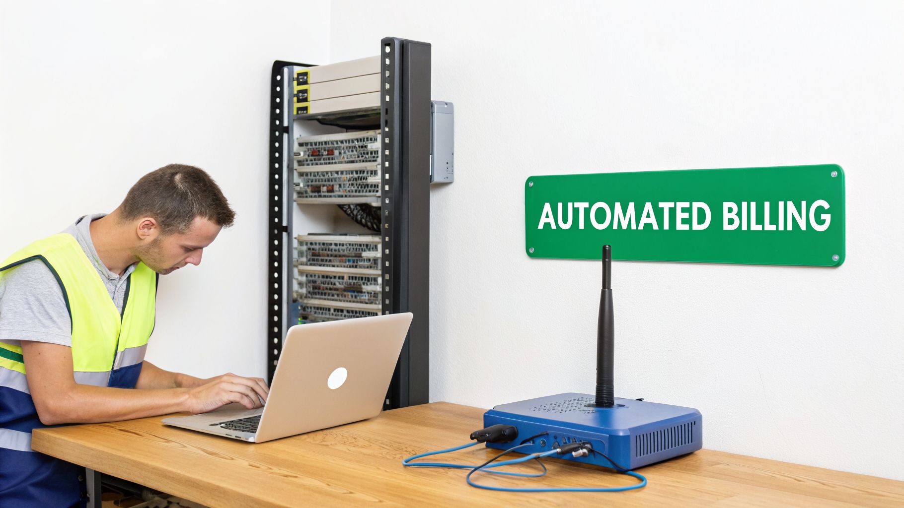 A technician works on a laptop by a server rack and network device, next to an automated billing sign.