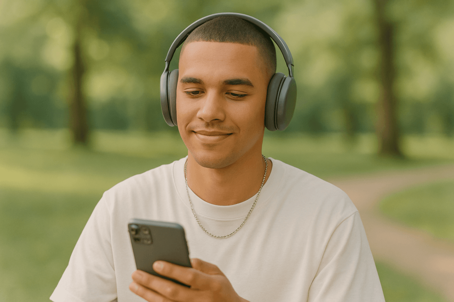 A man looking at his phone, with an overlaid chat bubble showing a user asking 'Do you have these in a size 10?' and an AI agent answering.