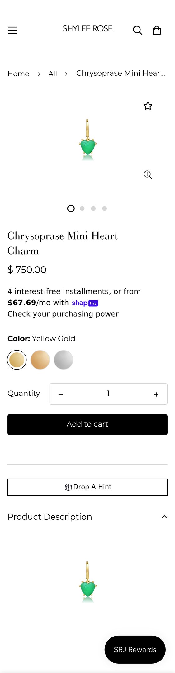 Jewelry product options include: pendant for Chrysoprase Mini Heart Charm from Shylee Rose.