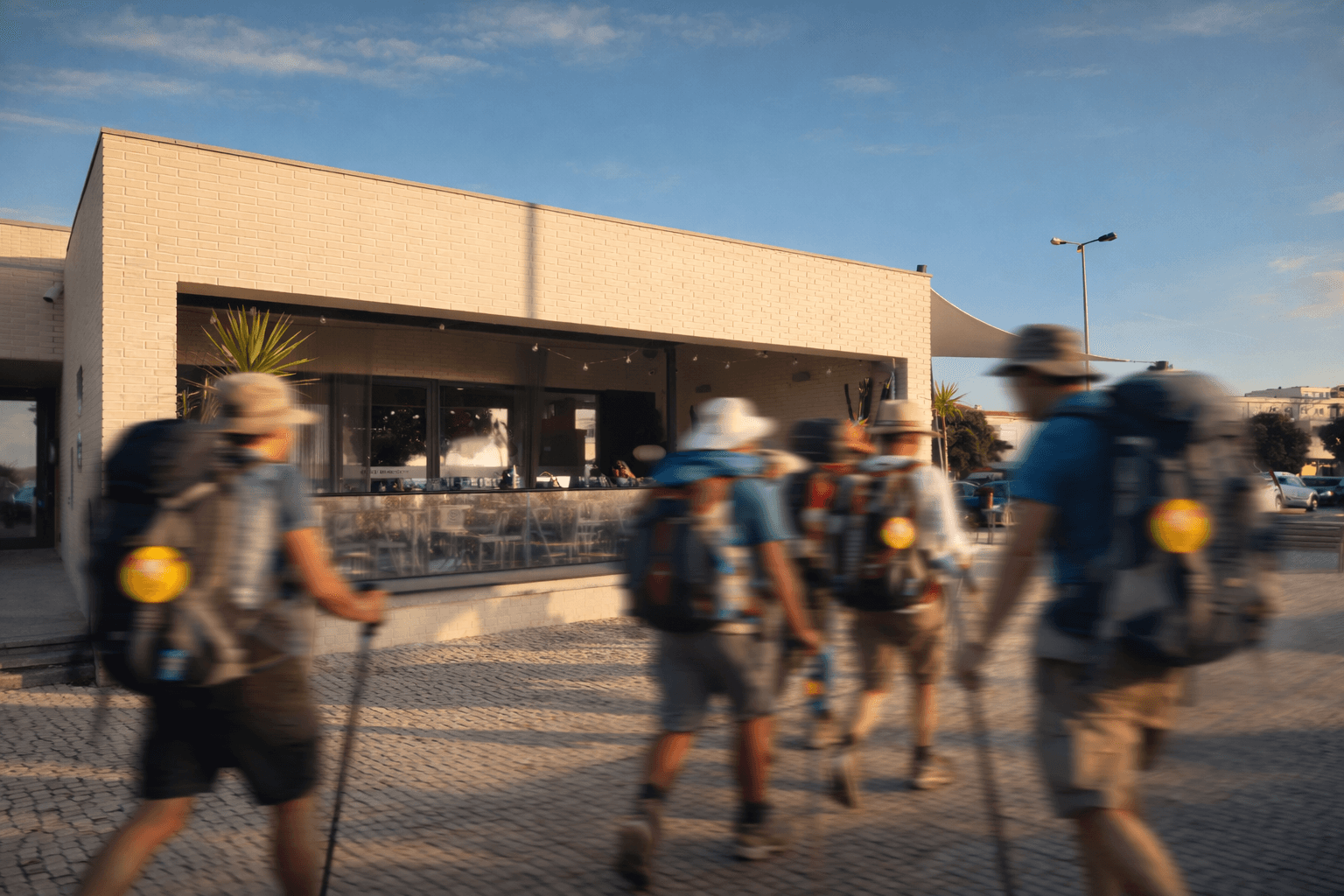 pilgrims walking past Boteco restaurant on the Camino de Santiago in Esposende