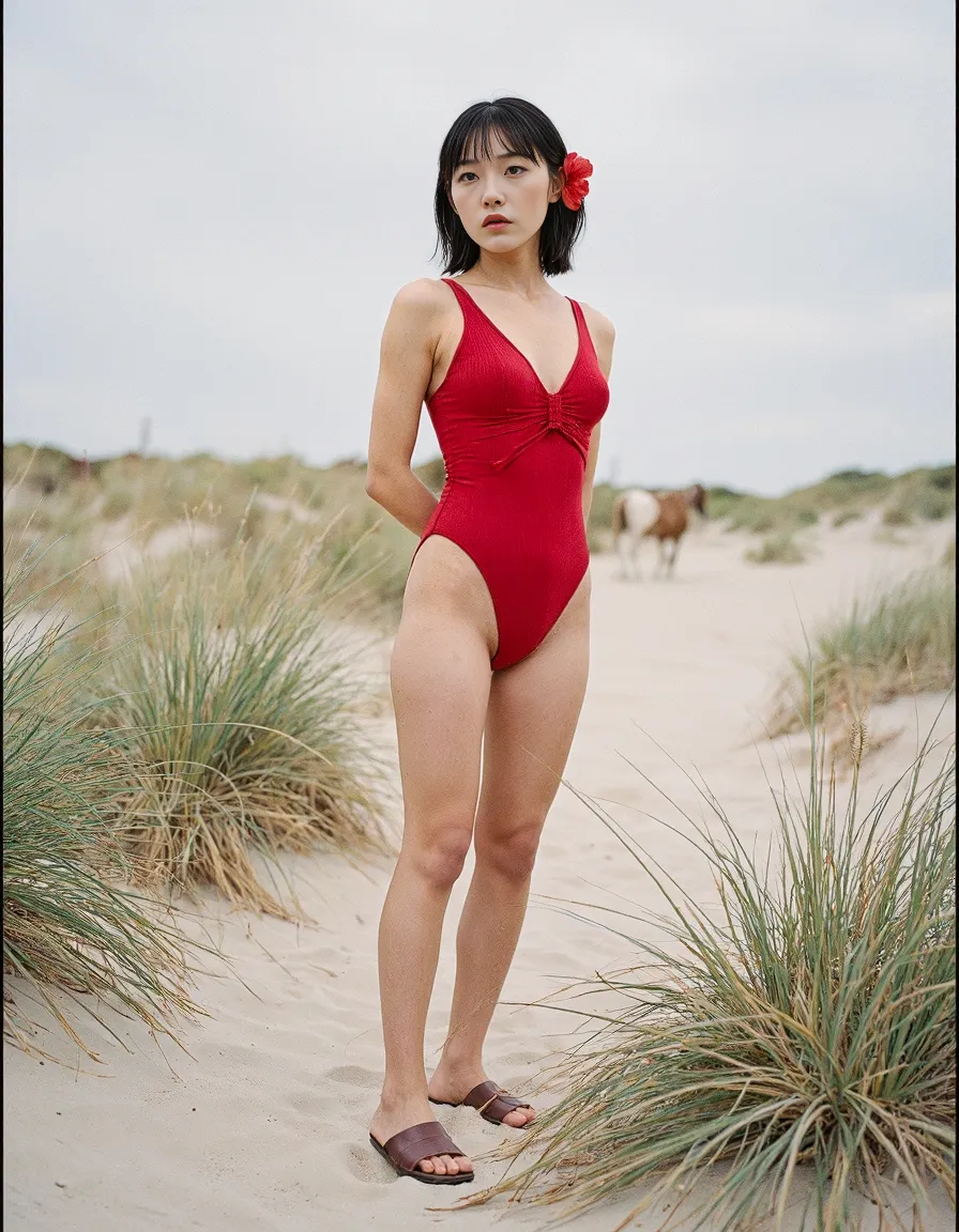 Fashion portrait showcasing a red swimsuit with matching flower accessory against sandy beach dunes with coastal vegetation