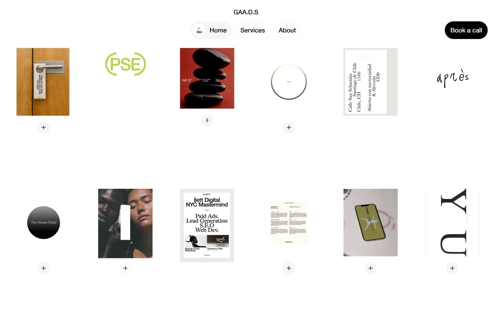 Grid of various design projects, including a door hanger, PSE logo, stacked stones photo, text art, and digital device illustrations.