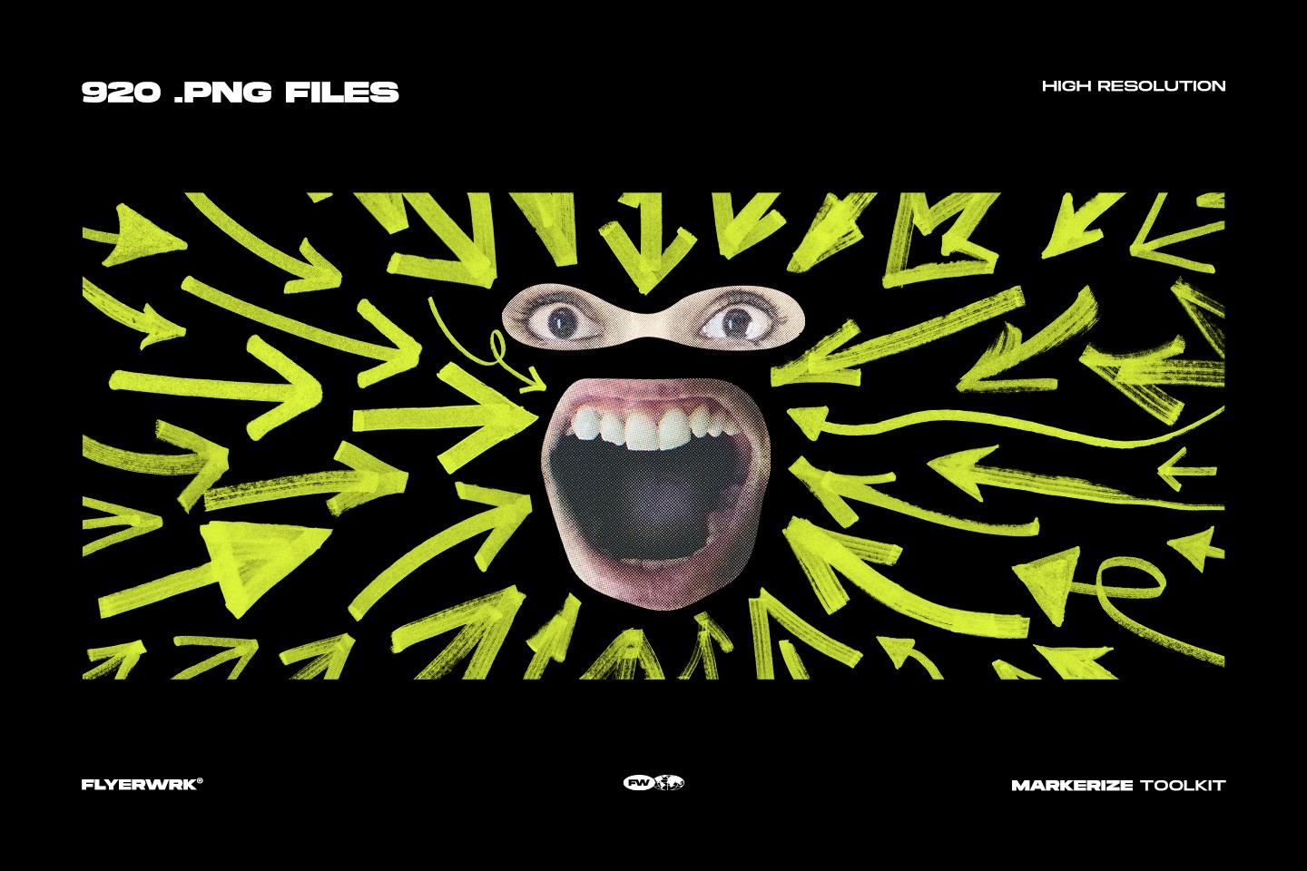 Markerize creative collage elements featuring neon yellow marker arrows layered over a mixed media design