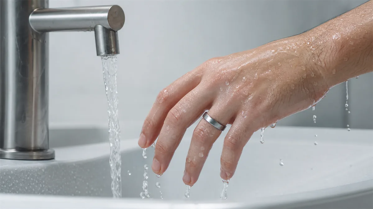 Wet hand wearing a plain metal zikr ring withdrawing from running tap water