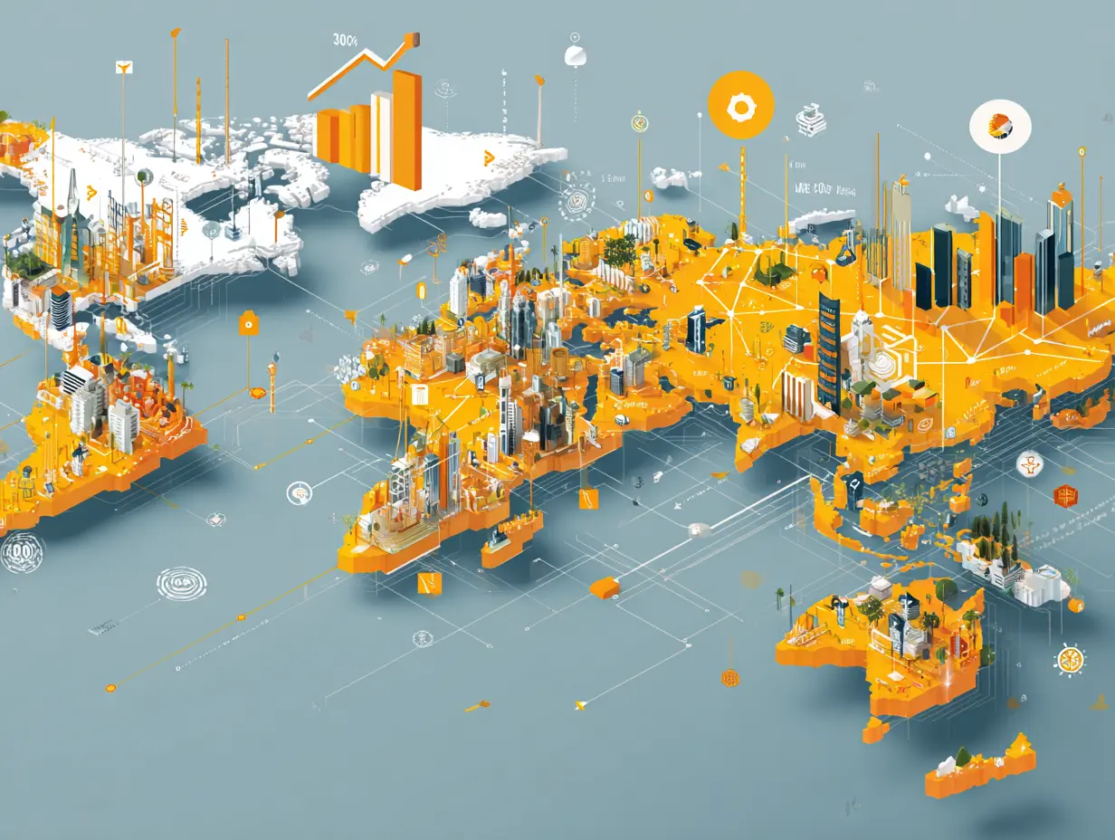 Infographic-styled world map showing regions highlighted with orange overlays, featuring stylized cityscapes, digital connections, charts, and business icons to illustrate global AI-powered marketing trends