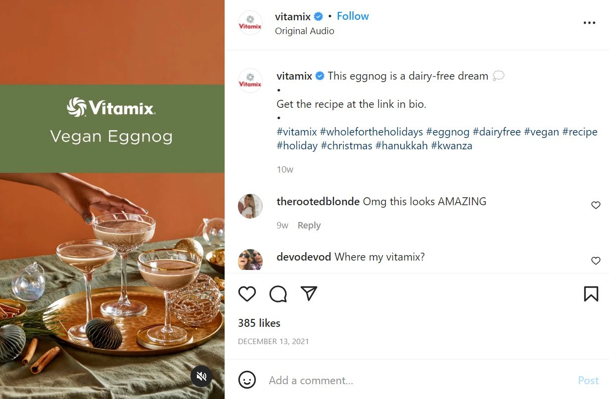 IG post from Vitamix with a video recipe for vegan eggnog