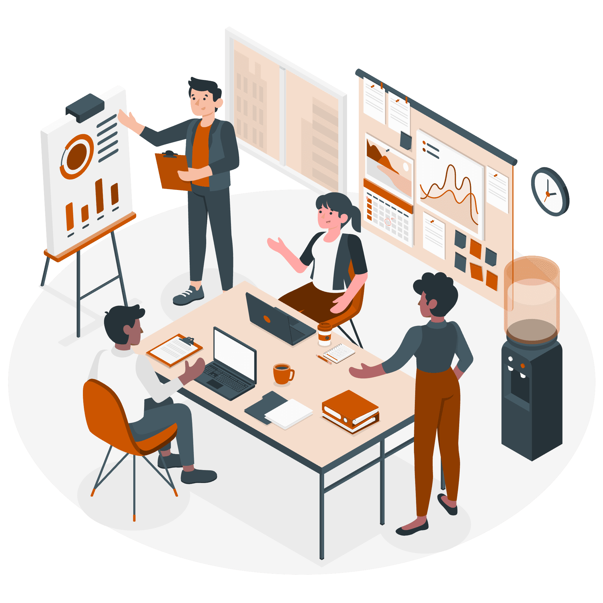 Illustration showing a team working together in an office