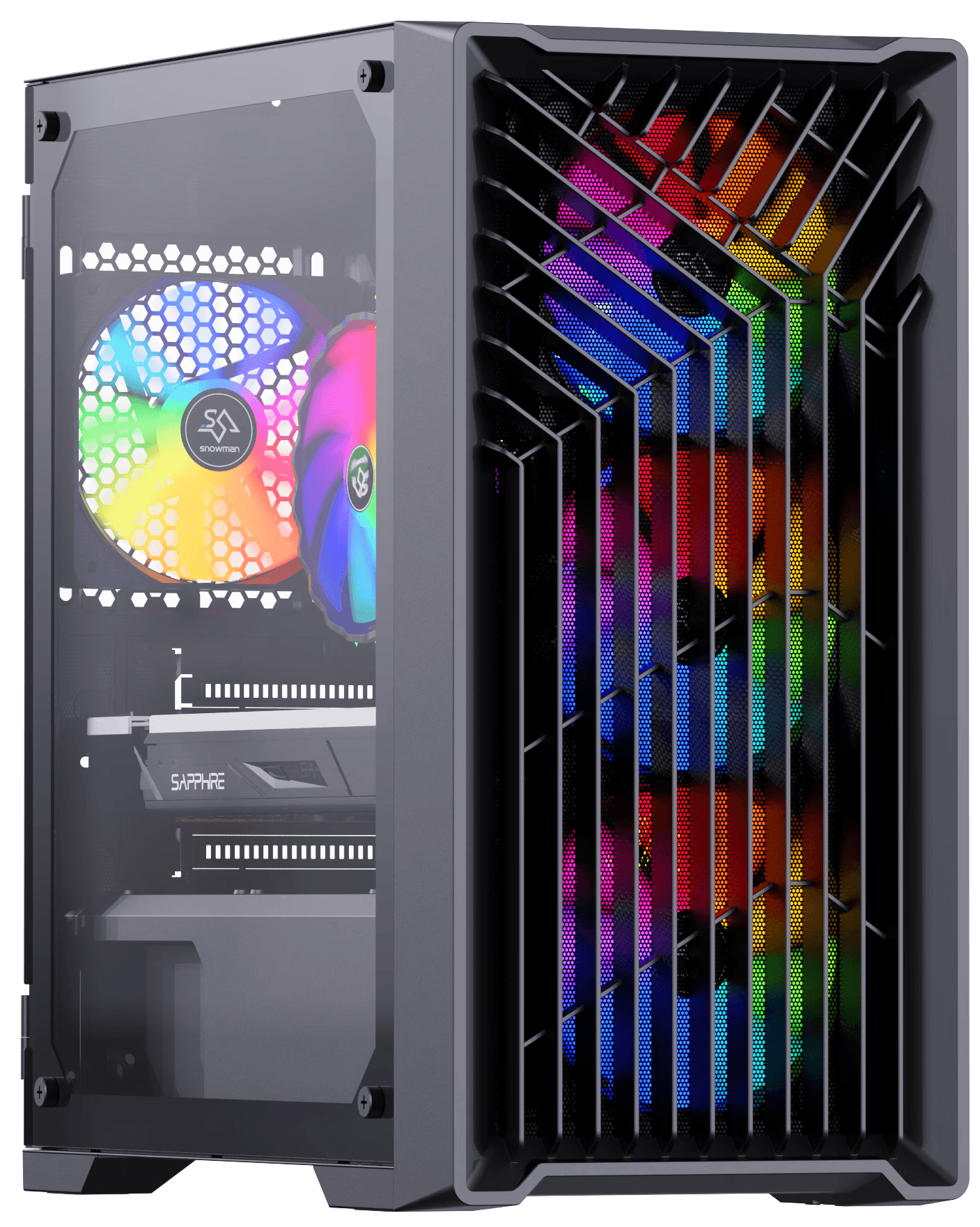 Dive into the next level of gaming with this modern gaming PC, featuring a visually striking case with ribbed front panel design illuminated by dynamic, multicolored LED fans visible through a transparent side panel. This high-performance system is built to handle the latest games with ease, equipped with top-tier components that promise not only power but also a stunning display of aesthetics, making it a prime choice for gamers looking to enhance their gaming rig.