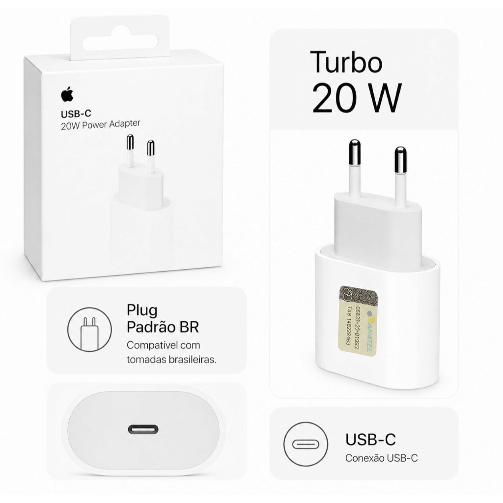Carregador USB-C 20W vendido separadamente para os modelos recentes de iPhone.