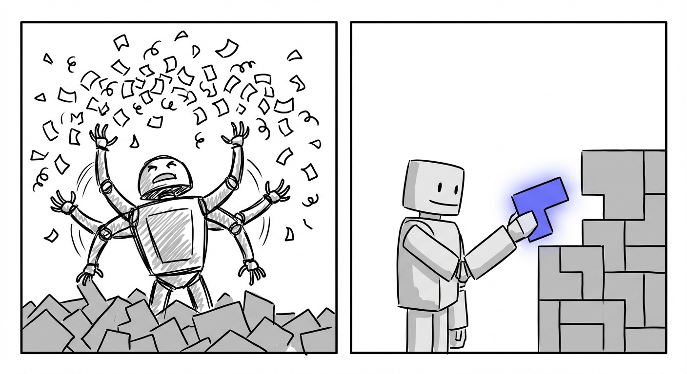 A split-screen drawing comparing a chaotic spam bot throwing paper everywhere to a focused creator robot carefully placing a single, high-quality piece.