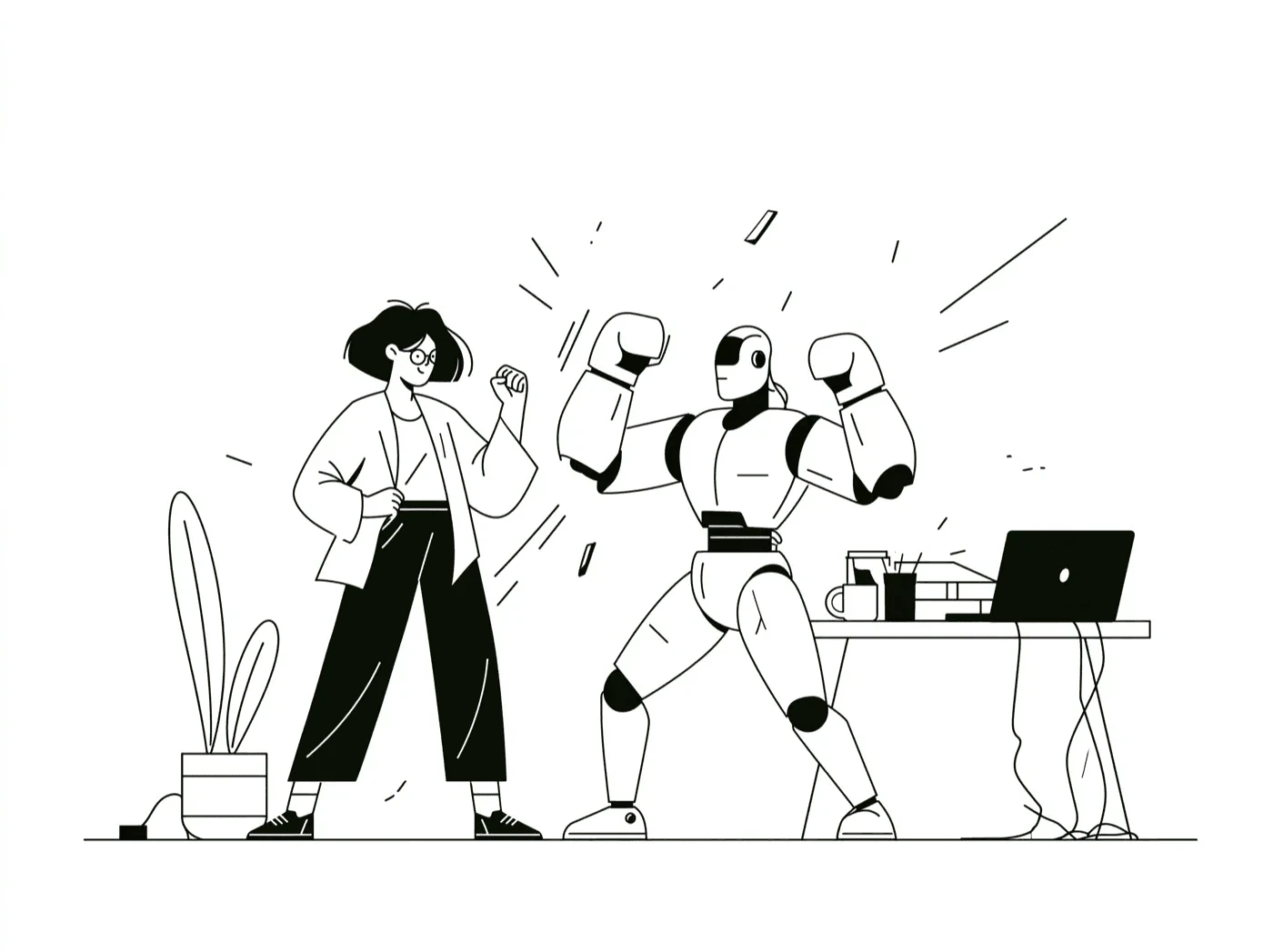 Line illustration of a person in a boxing stance facing a robot wearing boxing gloves, beside a desk with a laptop
