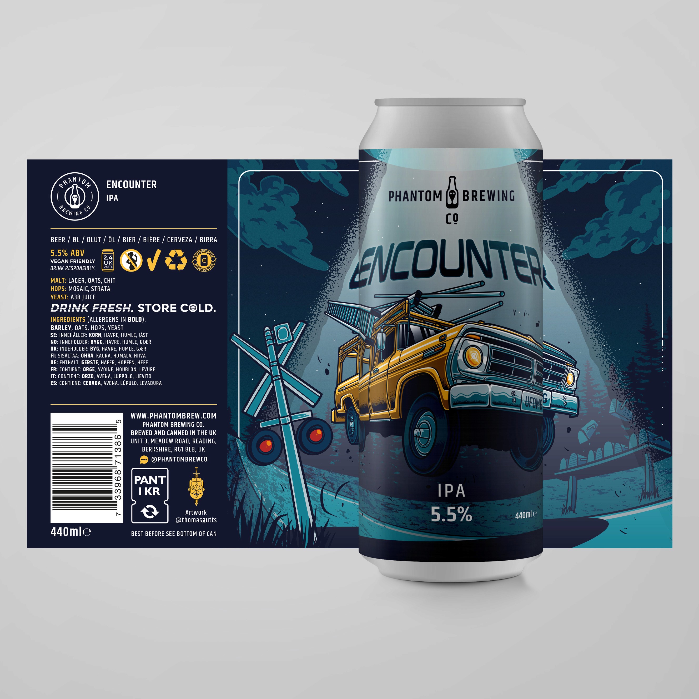 Phantom Brewing Packaging illustration showing the complete beer label including composition