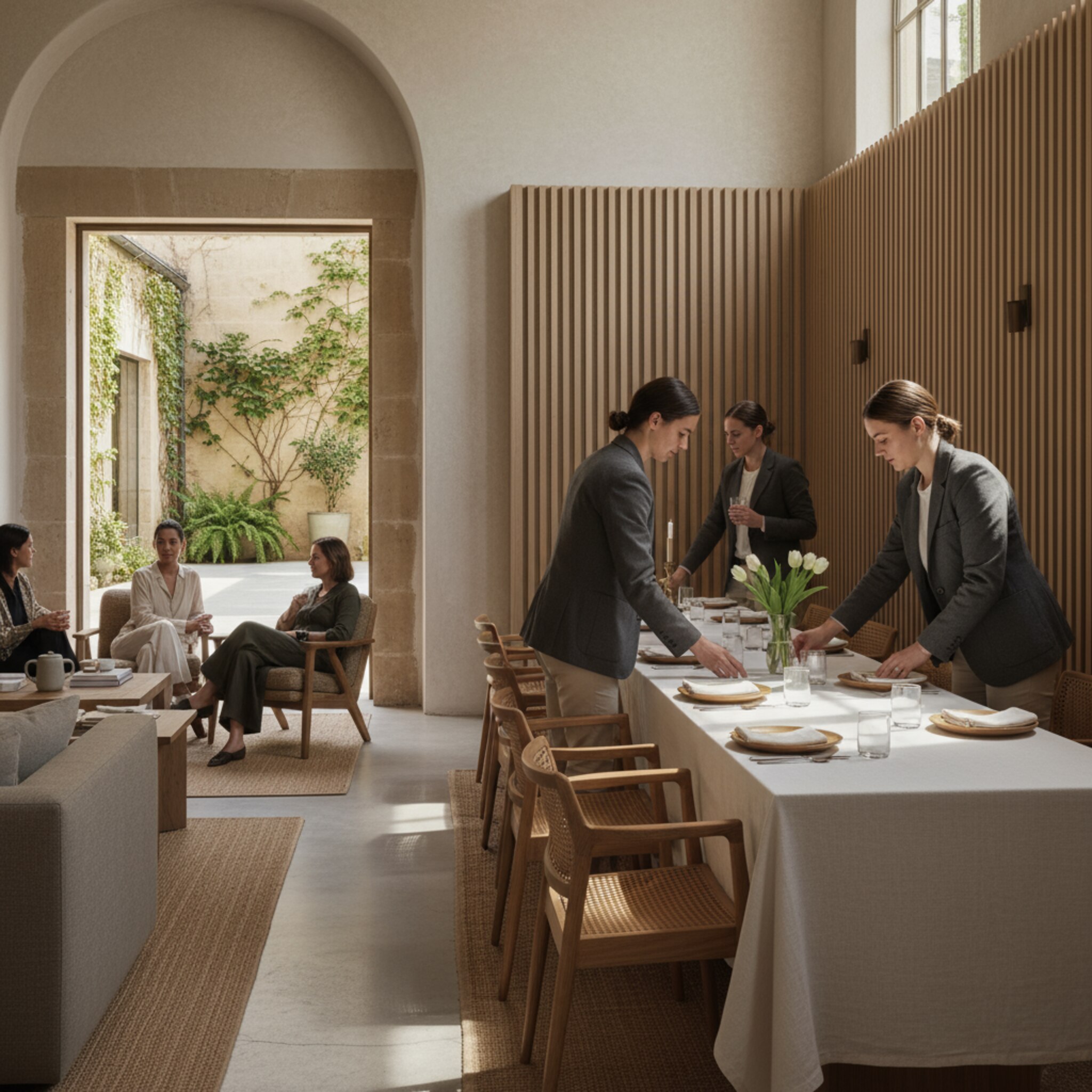 Ein Service-Team bereitet gleichzeitig einen Private-Dining-Raum vor, während eine angrenzende Lounge ruhig bleibt. Durch eine offene Tür ist ein freier Court im Hof zu sehen. Alles wirkt abgestimmt, die Wege sind klar. Der Ablauf vermittelt Ordnung und Verfügbarkeit.
