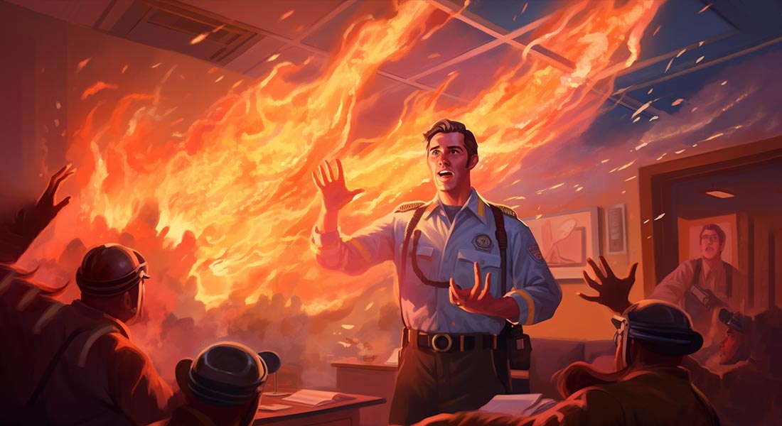 Een veiligheidsinstructeur waarschuwt voor brand