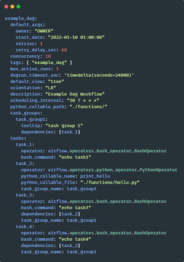 Configuration code snippet for an Airflow DAG named 'example_dag' with default arguments, task groups, and multiple tasks defined using Bash and Python operators, each with specific commands and dependencies outlined
