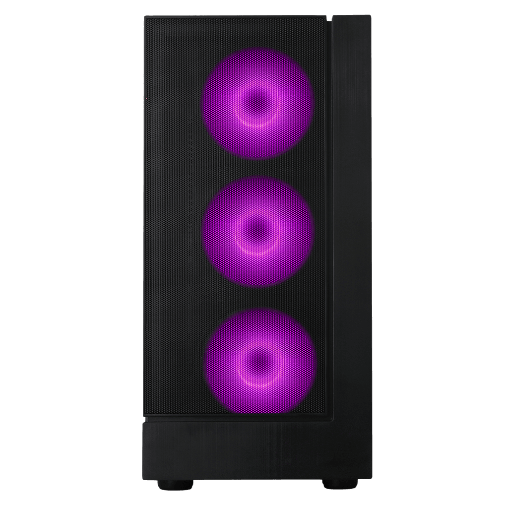 Front view of a gaming PC tower featuring three vibrant purple-lit cooling fans. Perfect for high-end gaming configurations, budget gaming PC builds in 2023, and complete PC builds for the best gaming PC setup. Ideal for gamers looking for the best PC gaming PC and custom gaming builds with top-notch cooling efficiency.