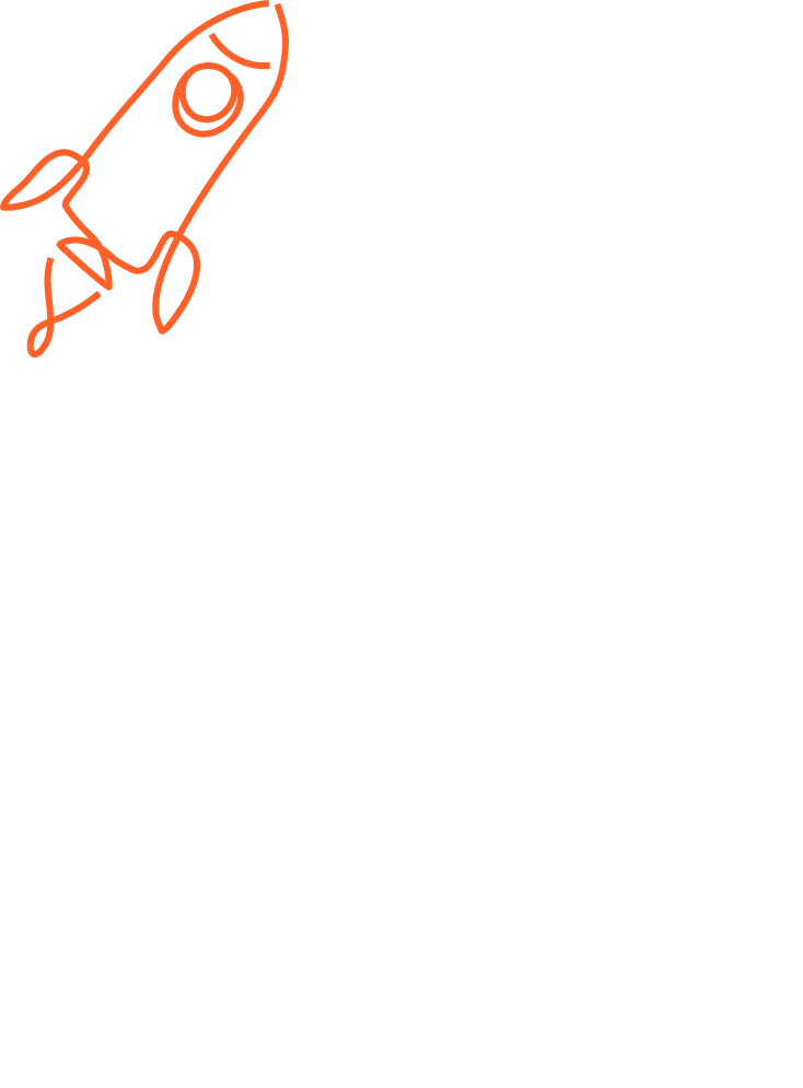 Illustration of hands typing on laptop with rocket launching above