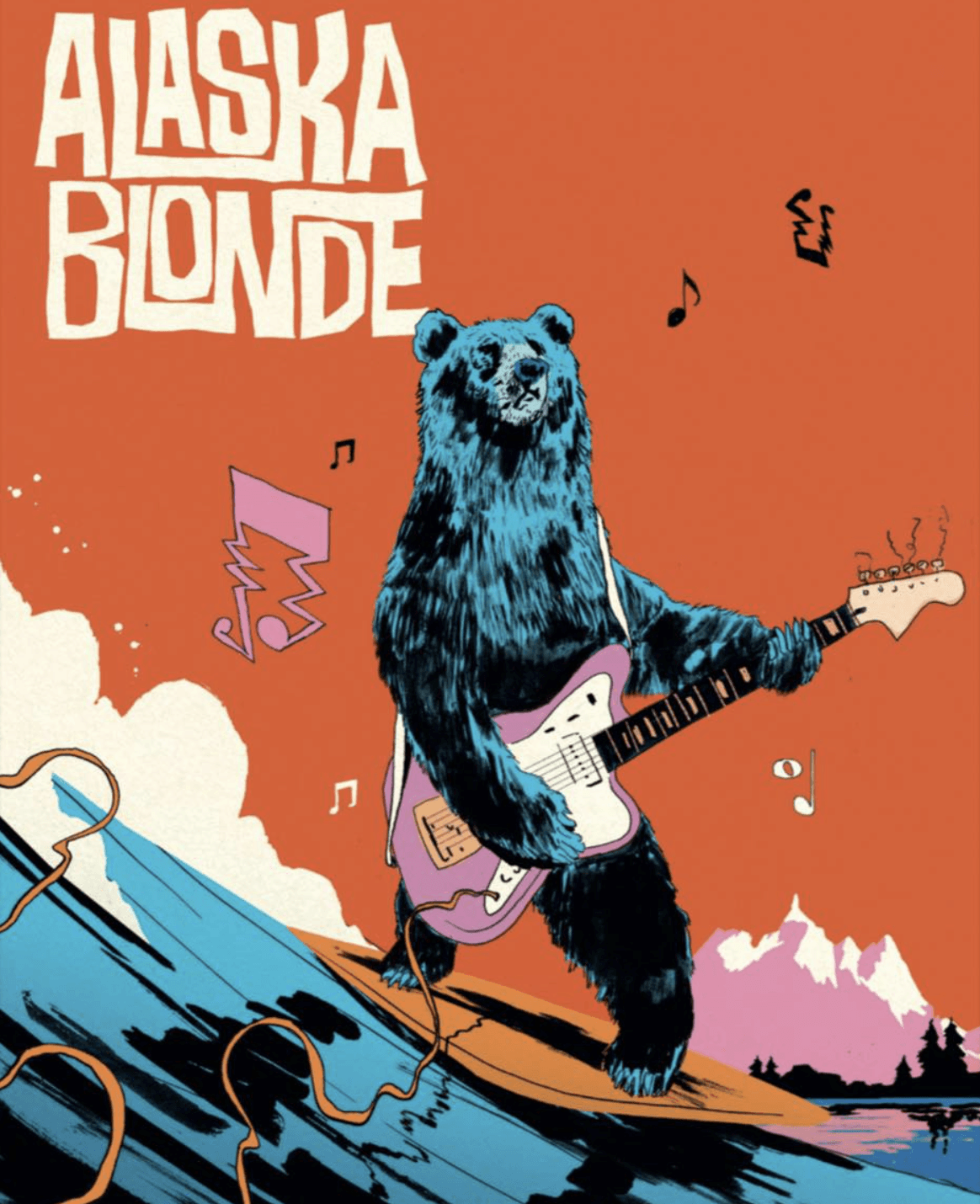 Alaska Blond på cafe Bopa. Billede viser en bjørn på surfbræt, der spiller guitar