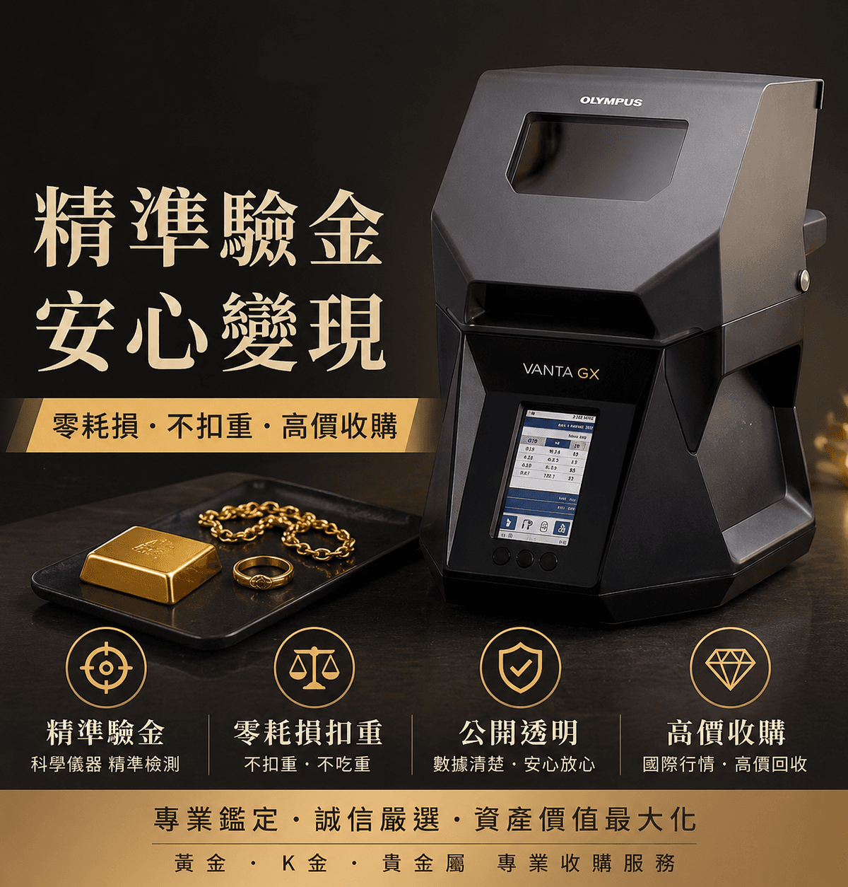 蘊采國際高科技貴金屬檢測儀器，提供不扣重、零耗損的黃金收購與精準驗金服務，確保資產價值最大化。