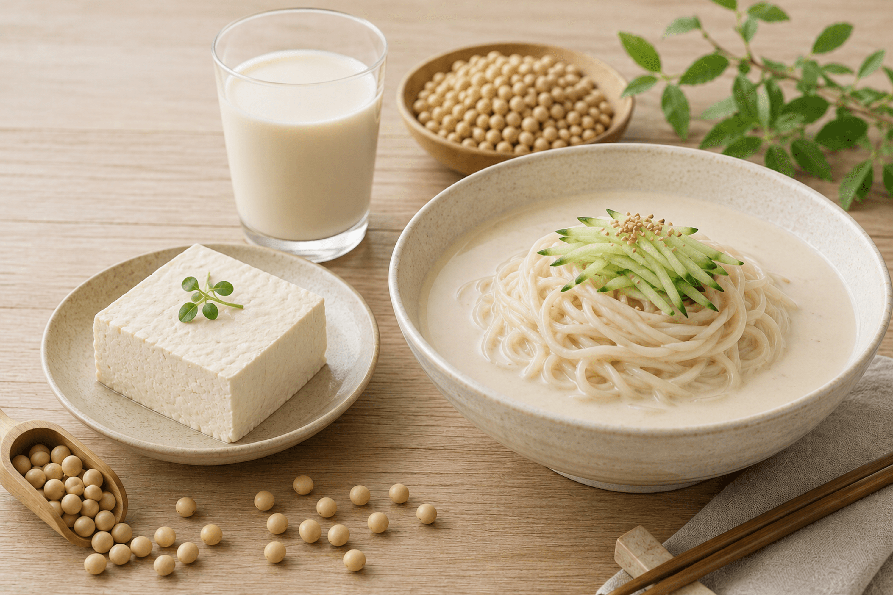 두유, 두부, 콩국수가 한자리에 놓인 식물성 단백질 식재료