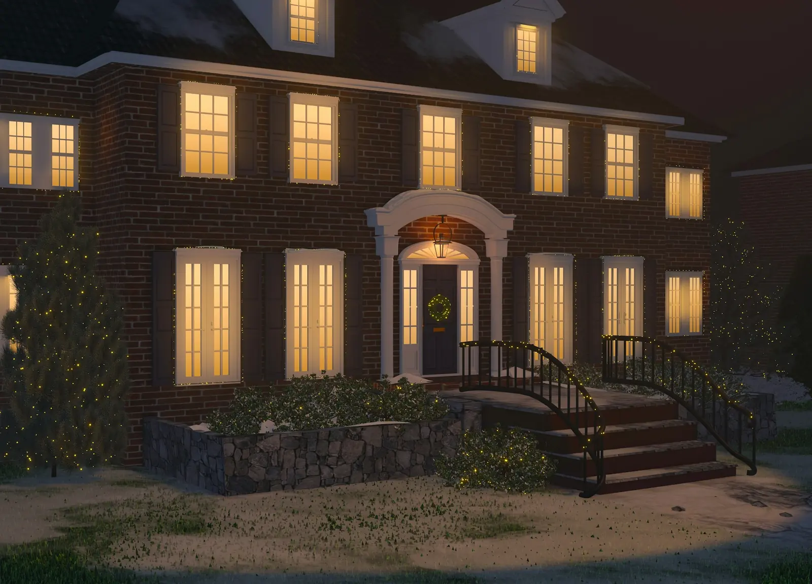Brick colonial home with clean front steps, lit at night