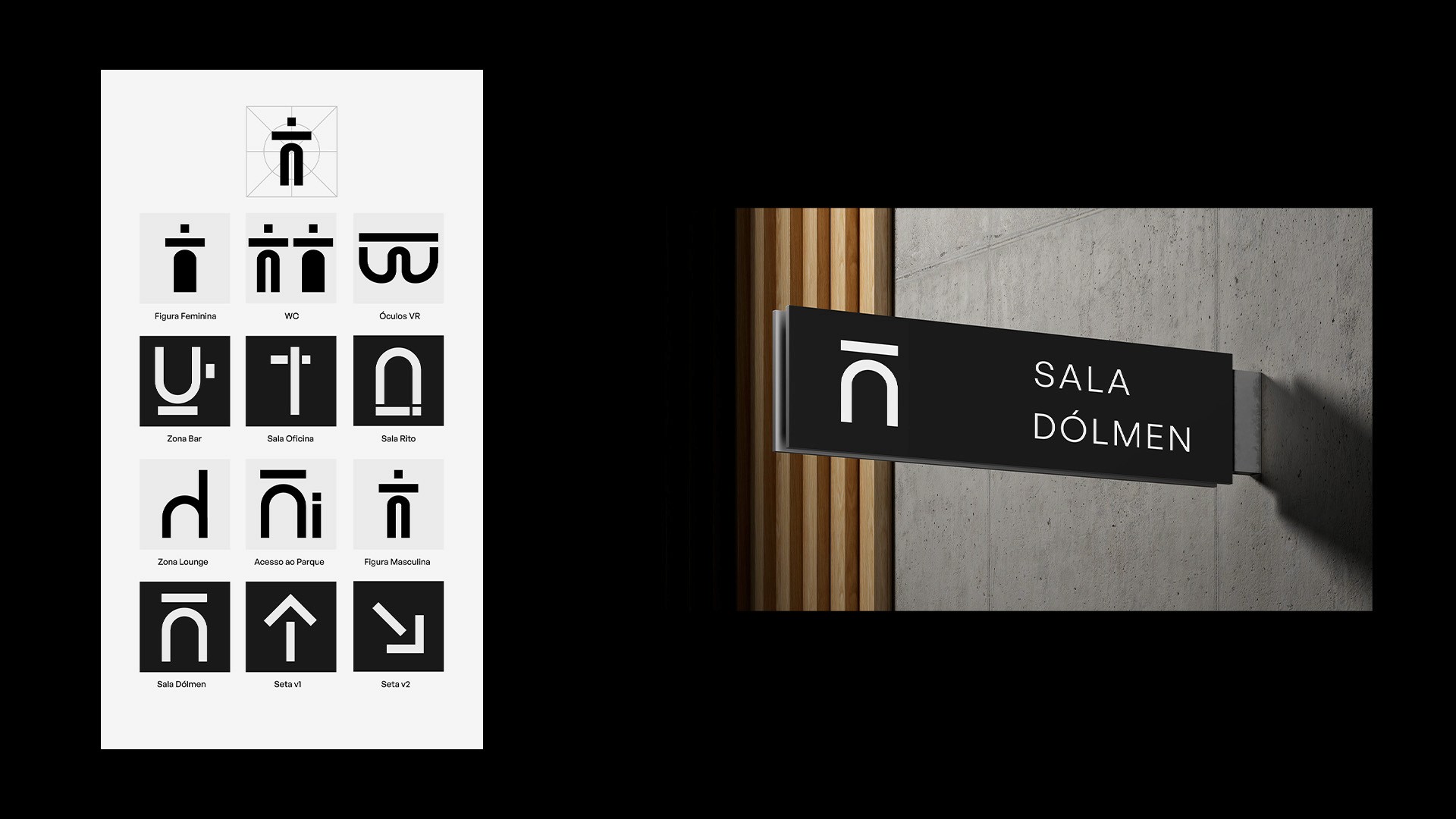 Dolmen wayfinding system showing custom pictogram icon set and a 'Sala Dólmen' room sign on concrete wall 