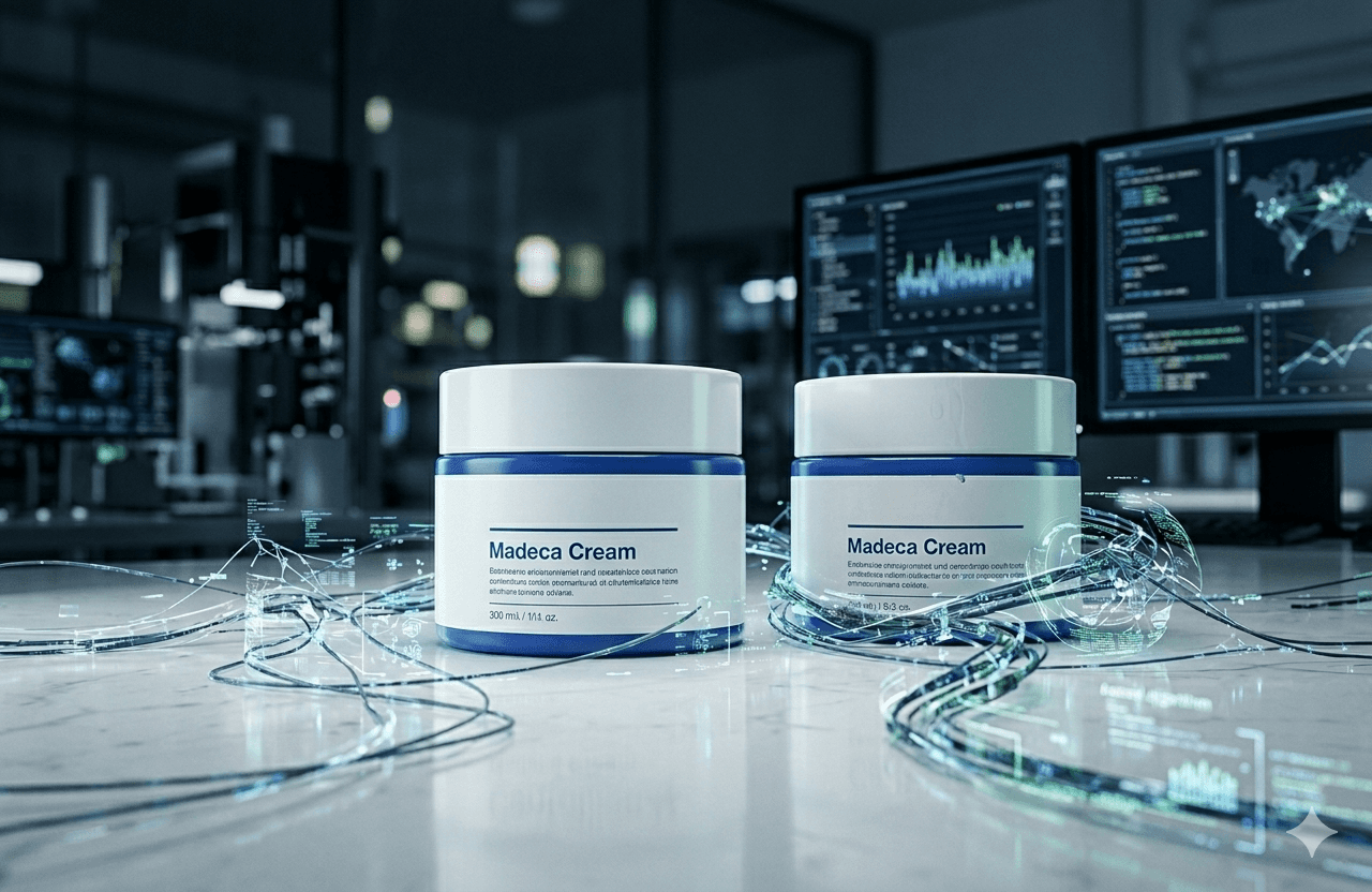 Cosmetic jars in a high-tech lab with glowing blue data monitoring lines