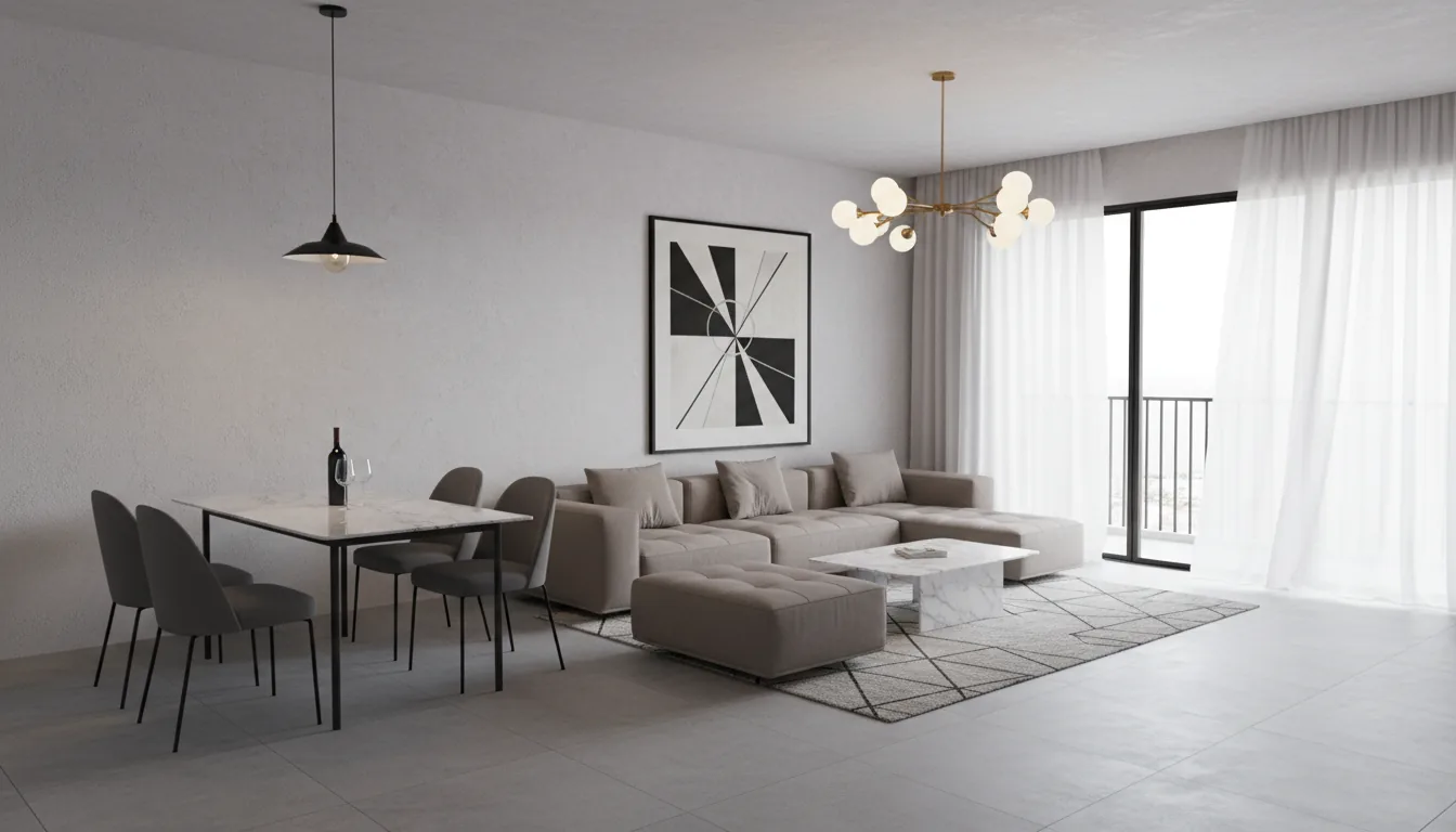 Photorealistic 3D architectural visualization of a modern minimalist apartment interior, rendered in Twinmotion style. The scene is an open-plan living and dining area with light grey textured plaster walls and large square grey floor tiles. Soft global illumination streams in from a large glass balcony door with sheer white curtains, mixed with warm accent lighting from a contemporary sputnik chandelier and a pendant light. The living space contains a low-profile taupe sofa, a matching upholstered ottoman, and a white marble coffee table on an abstract grey rug. The adjacent dining area features a white marble table, four grey chairs with black metal legs, and a single bottle of red wine. A large black-framed abstract geometric painting hangs on the main wall. Ultra high detail, sophisticated monochromatic color palette, sharp focus.