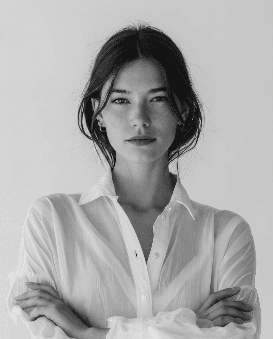 Casual studio portrait of a bearded man with curly hair in a white shirt, arms crossed, on a light gray background.