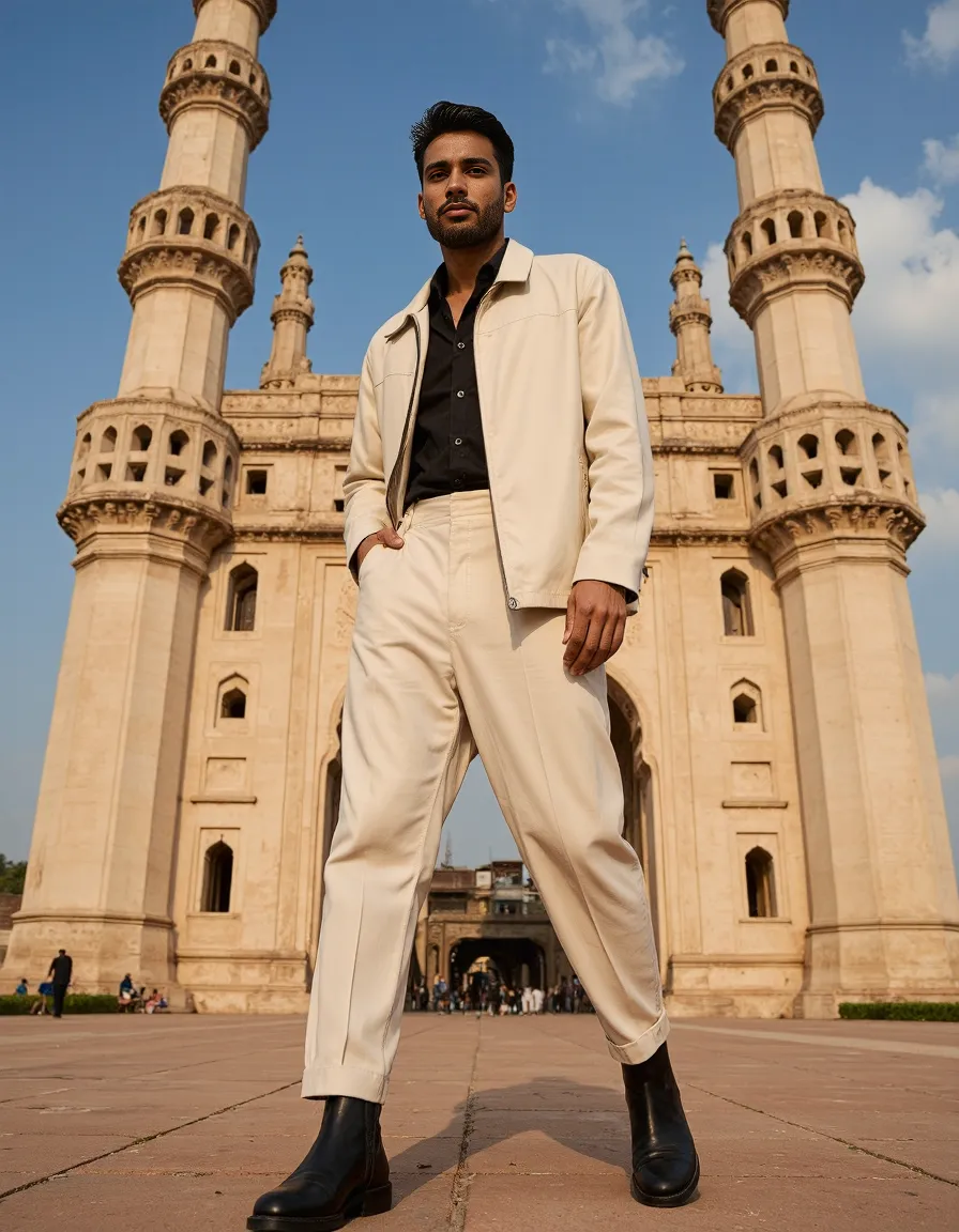 Stylish cream outfit against historic architecture with towering minarets, showcasing elegant fashion photography in a cultural setting.