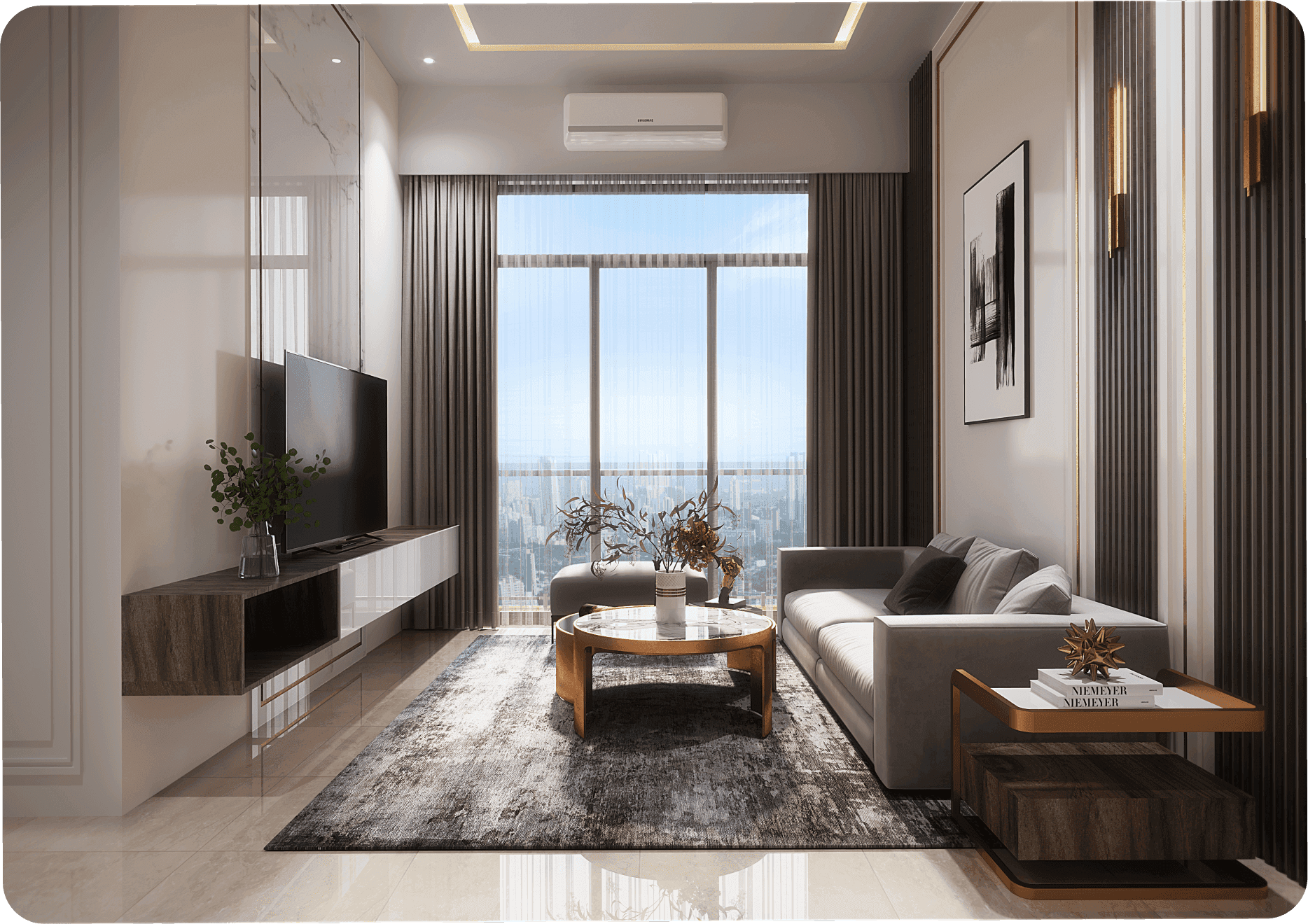 Wooden bench in sunlight with geometric shadows on floor.