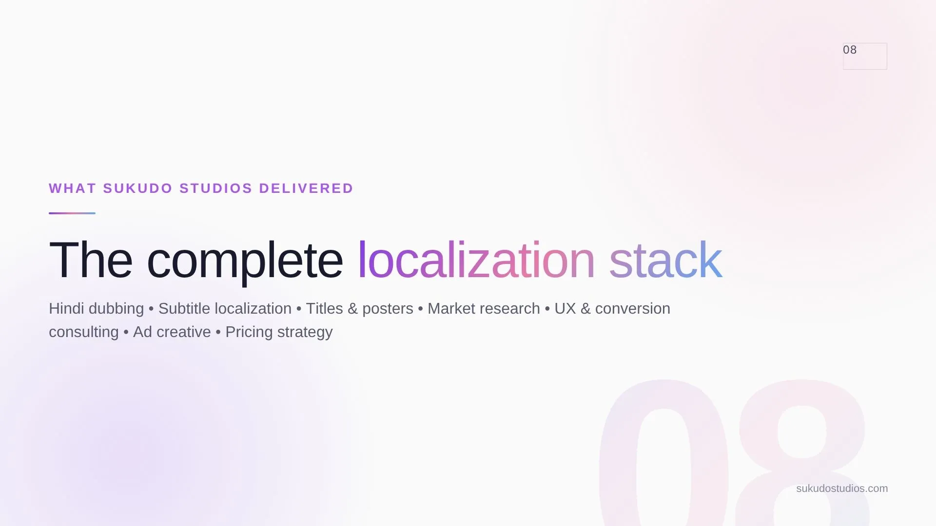 Hindi dubbing, subtitle localization, titles and posters, market research, UX consulting, ad creative and pricing strategy.