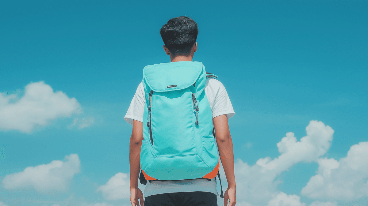 Person with a turquoise backpack facing a bright blue sky.