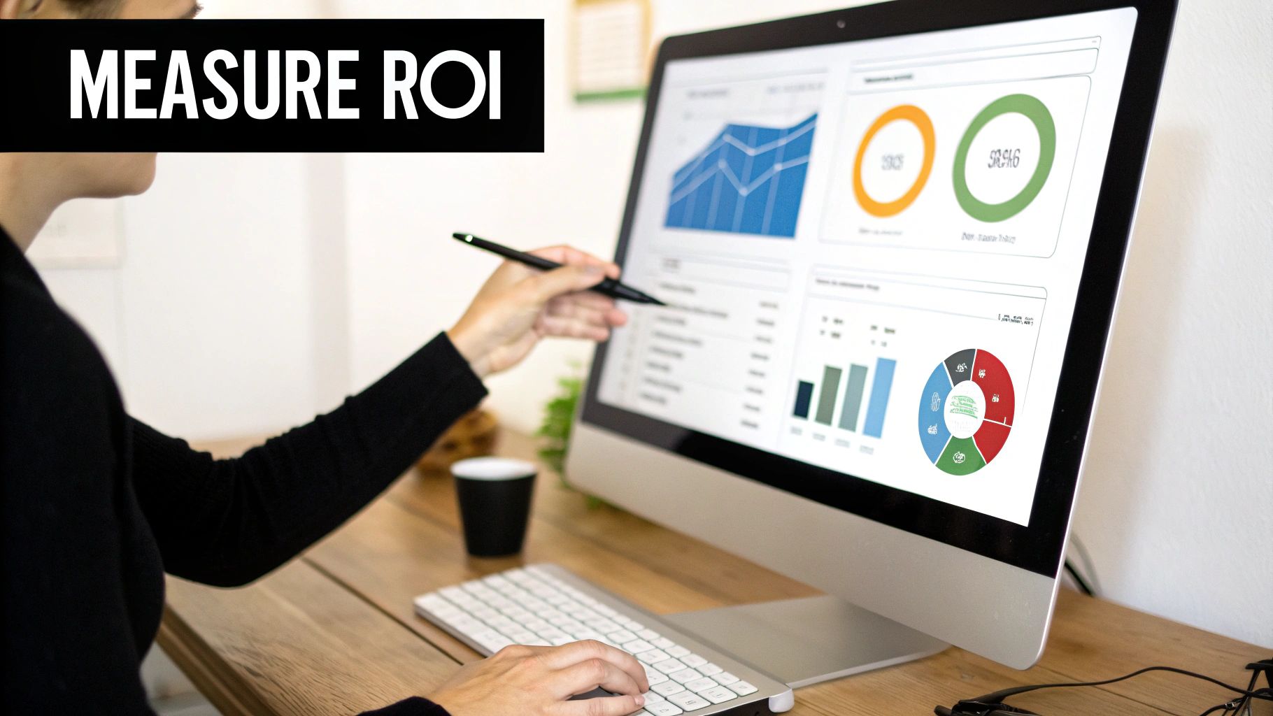 A hand points at a computer screen showing data analytics, measuring Return on Investment.
