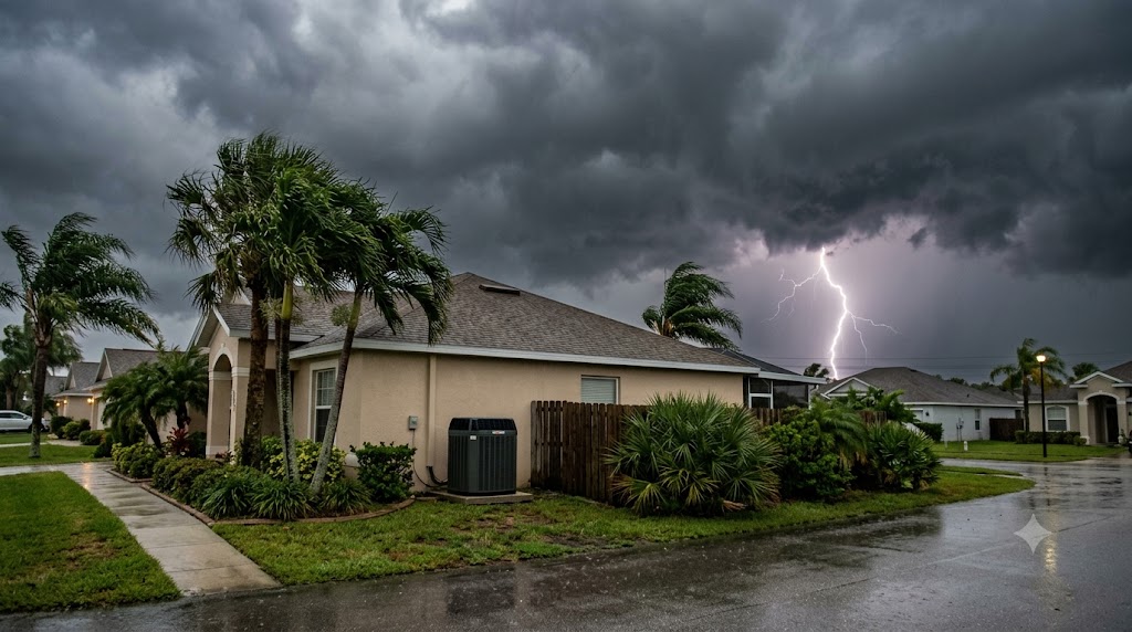 A summer thunderstorm approaching a Palm Beach County home with an outdoor AC unit in the yard
