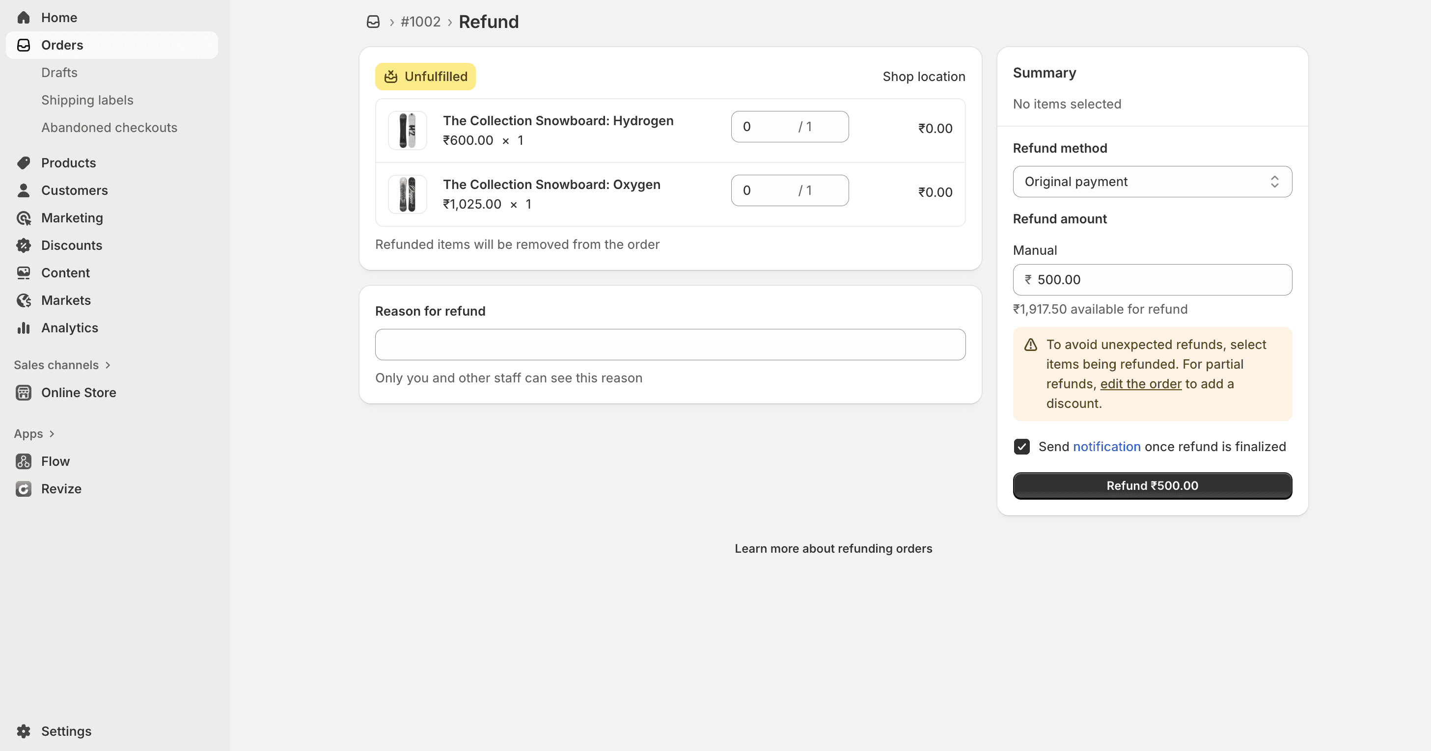 Shopify Order Admin Refund Section