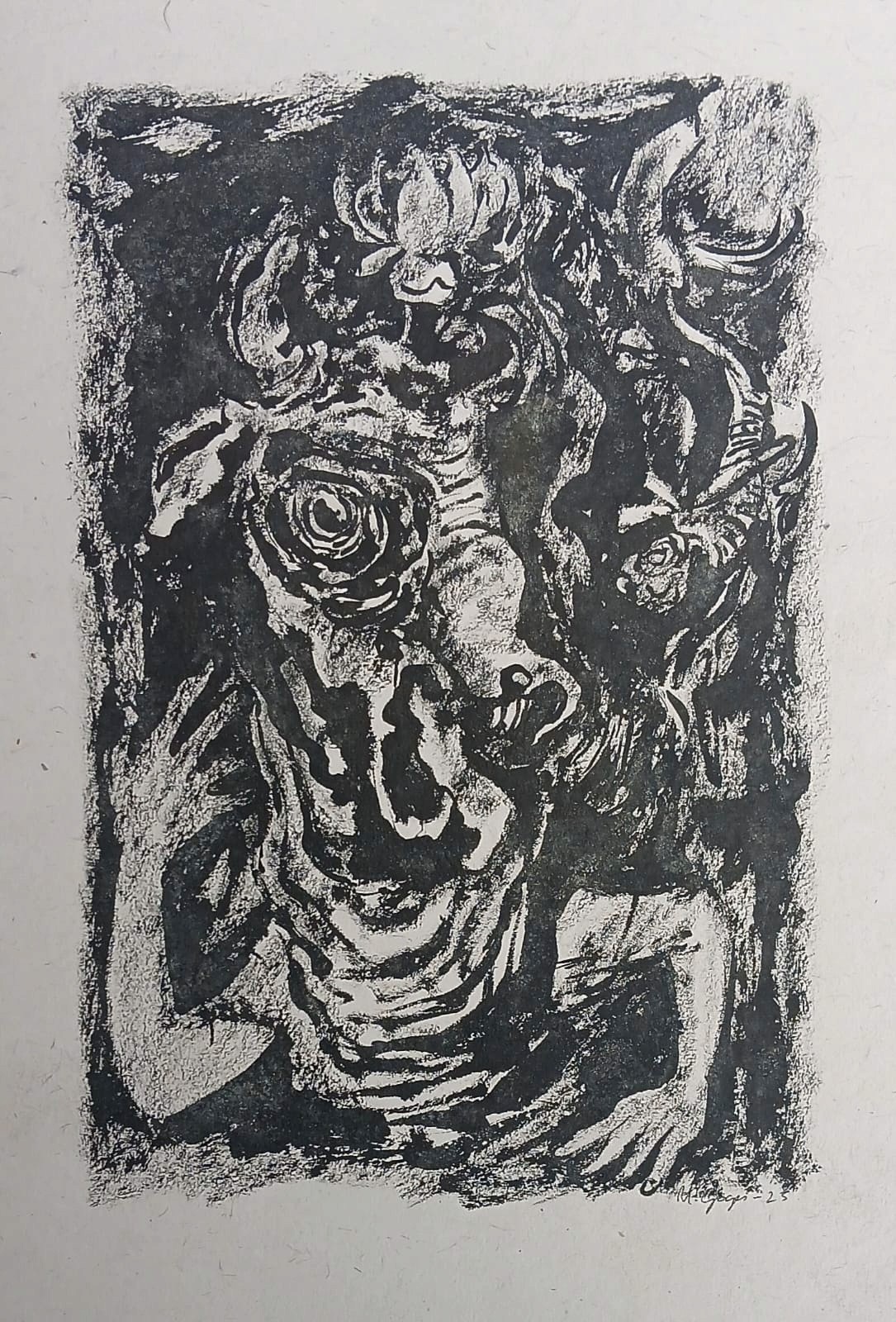 herd of sheep on road painting